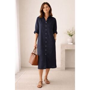 NWOT E.M. Reitz midi poplin shirtdress, navy, small $695
